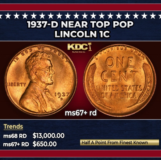 1937-d Lincoln Cent Near Top Pop 1c ms67+ rd SEGS