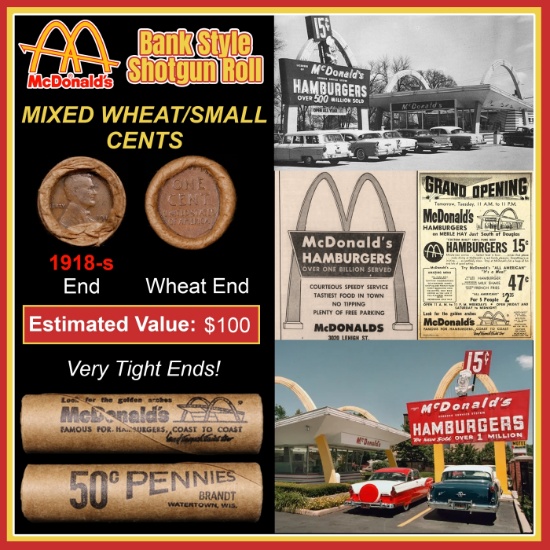 Lincoln Wheat Cent 1c Mixed Roll Orig Brandt McDonalds Wrapper, 1918-s end, Wheat other end