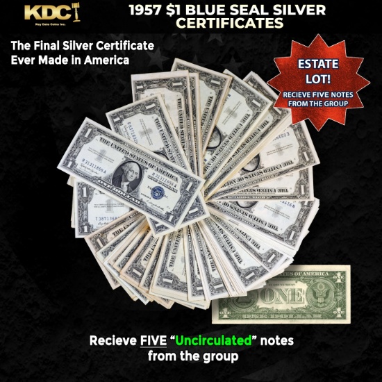 5x 1957 $1 Blue Seal Silver Certificates Grades CU