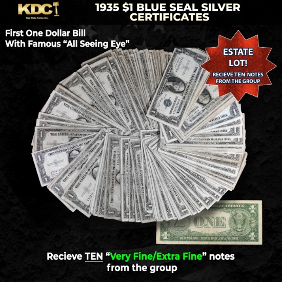 10x 1935 $1 Blue Seal Silver Certificates Grades VF/XF