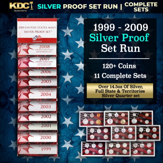 1999-2009 US Mint SILVER Proof Sets 127 Coins, 11 Complete Sets Over 14.5oz Of Silver Full State 25c