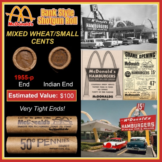 Lincoln Wheat Cent 1c Mixed Roll Orig Brandt McDonalds Wrapper, 1955-p end, Indian other end