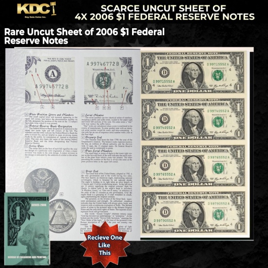 Scarce Uncut Sheet of 4x $1 Federal Reserve Notes In BeP Folder
