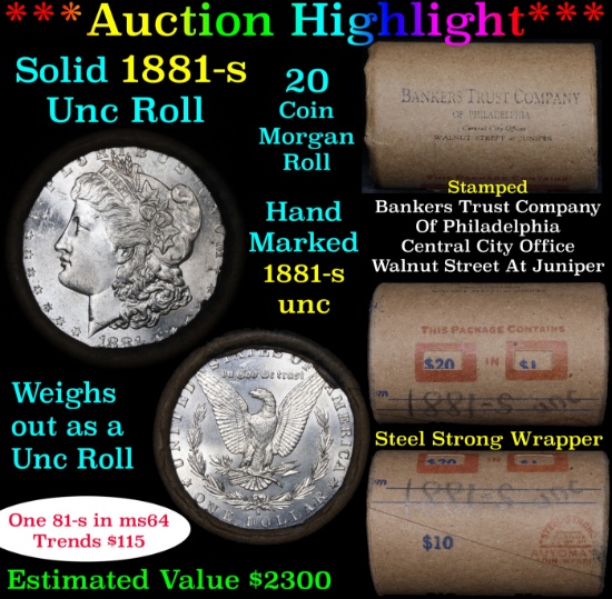 Full solid date 1881-s Uncirculated Morgan silver dollar roll, 20 coins