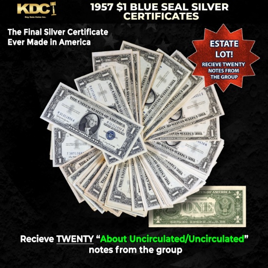 20x 1957 $1 Blue Seal Silver Certificates Grades AU/CU