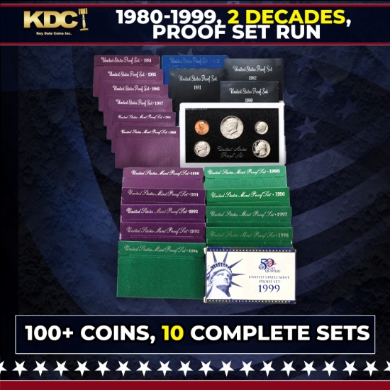 1980-1999 2 Decades Proof Set Run - 107 Coins, 10 Complete Sets