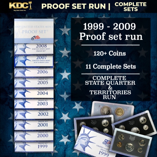 1999-2009 Full Proof Set Run - 127 Coins, 11 Sets Complete 50 State Quarters, Territories Run, & Lif