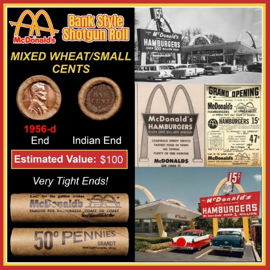Lincoln Wheat Cent 1c Mixed Roll Orig Brandt McDonalds Wrapper, 1956-d end, Indian other end