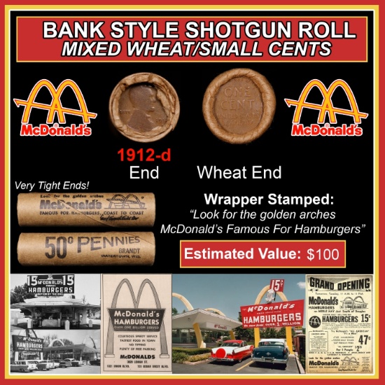 Lincoln Wheat Cent 1c Mixed Roll Orig Brandt McDonalds Wrapper, 1912-d end, Wheat other end