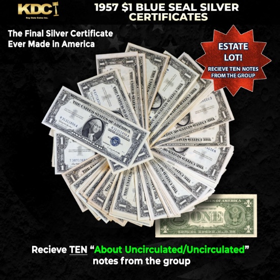10x 1957 $1 Blue Seal Silver Certificates Grades AU/CU