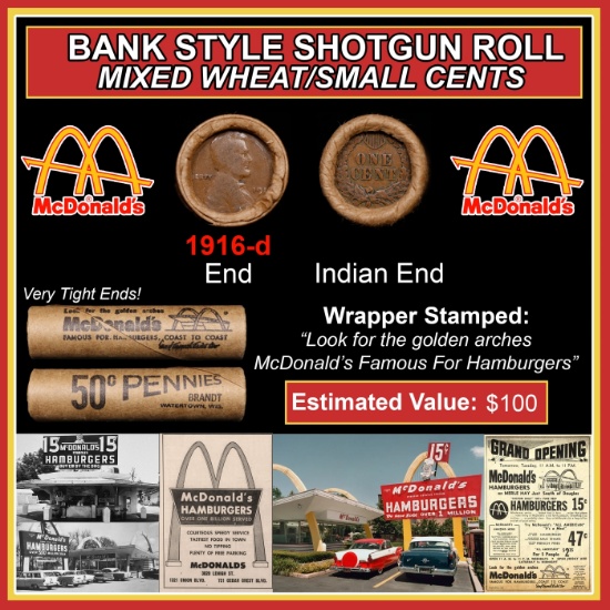 Lincoln Wheat Cent 1c Mixed Roll Orig Brandt McDonalds Wrapper, 1916-d end, Indian other end