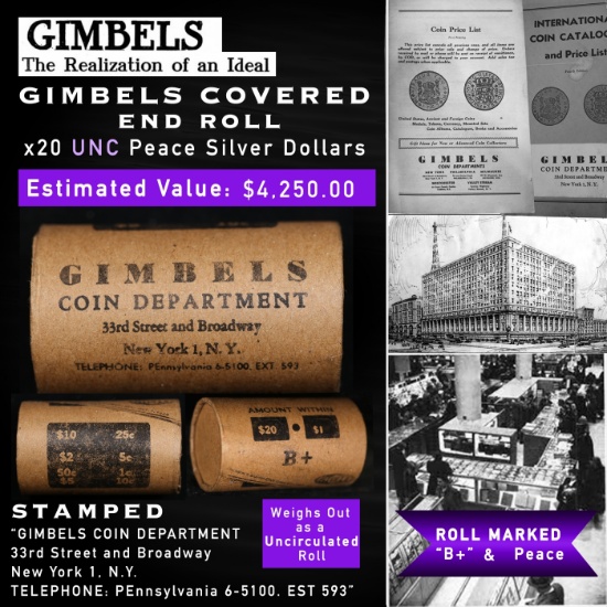 20 Coin GIMBLES Roll Unc Peace Dollar B+