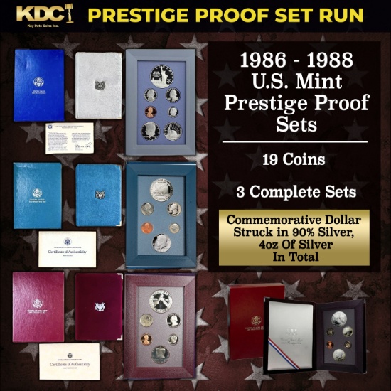 1986-1988 US Mint Prestige Proof Sets - 19 Coins, 3 Complete Sets