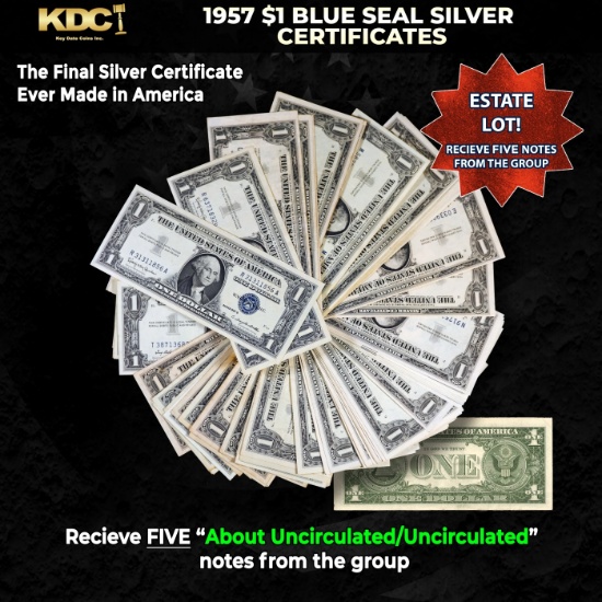 5x 1957 $1 Blue Seal Silver Certificates Grades AU/CU