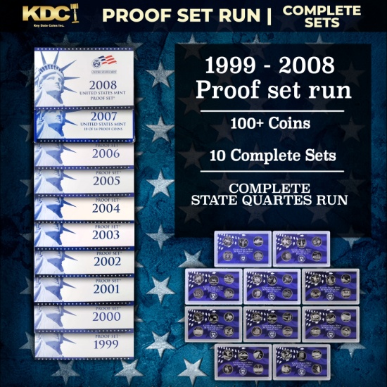 1999-2008 Proof Set Run - 109 Coins, Full 50 State Quarters Run 10 Complete Sets