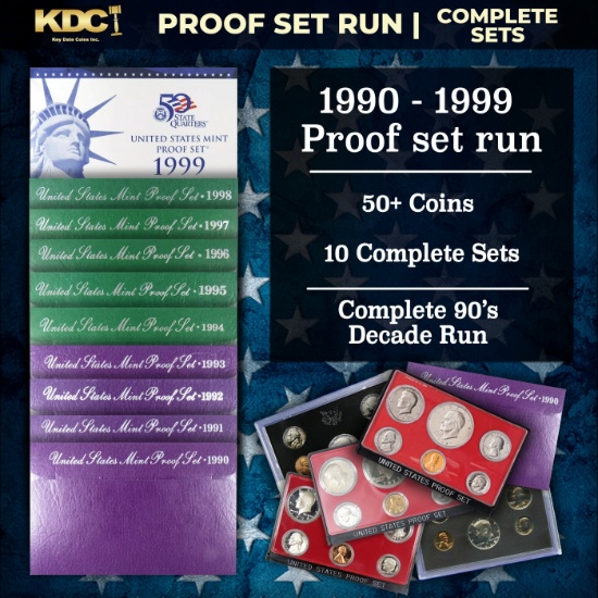 1990-1999 Full Decade Proof Set Run - 54 Coins, 10 Complete Sets