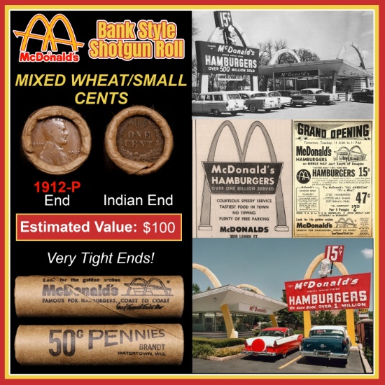 Lincoln Wheat Cent 1c Mixed Roll Orig Brandt McDonalds Wrapper, 1912-p end, Indian other end