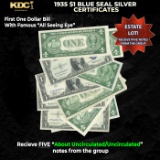 5x 1935 $1 Blue Seal Silver Certificates Grades AU/CU