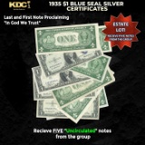 5x 1935 $1 Blue Seal Silver Certificates Grades CU
