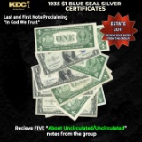5x 1935 $1 Blue Seal Silver Certificates Grades AU/CU