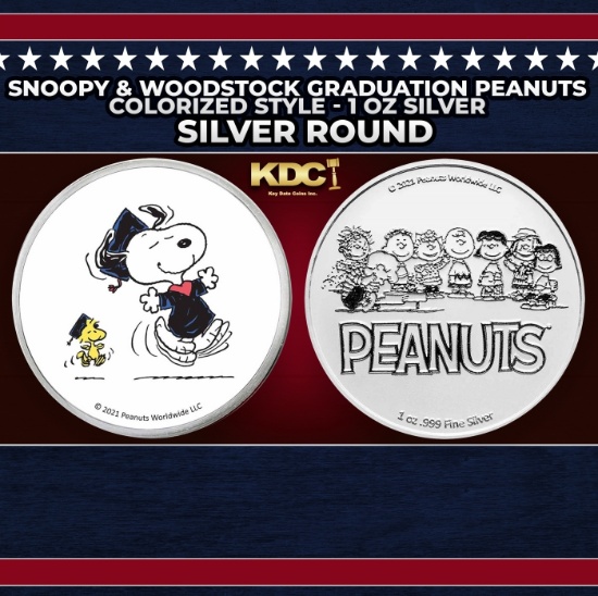 Snoopy & Woodstock Graduation Peanuts Colorized Style - 1 oz Silver Round Round