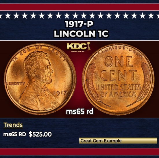 1917-p Lincoln Cent 1c Grades ms65 rd