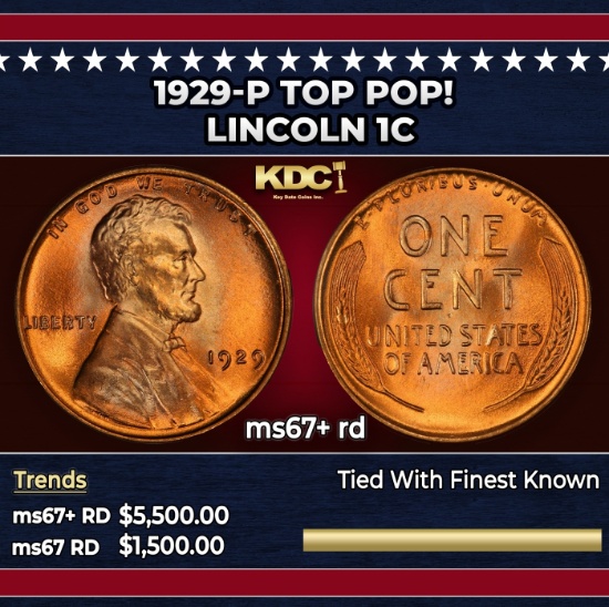 1929-p Lincoln Cent TOP POP! 1c ms67+ rd SEGS