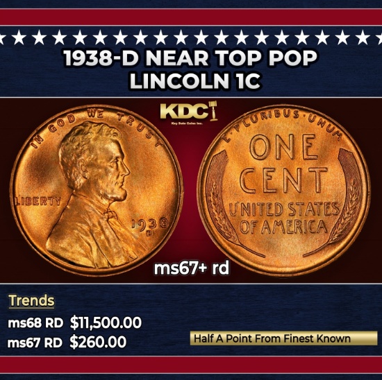 1938-d Lincoln Cent Near Top Pop 1c ms67+ rd SEGS