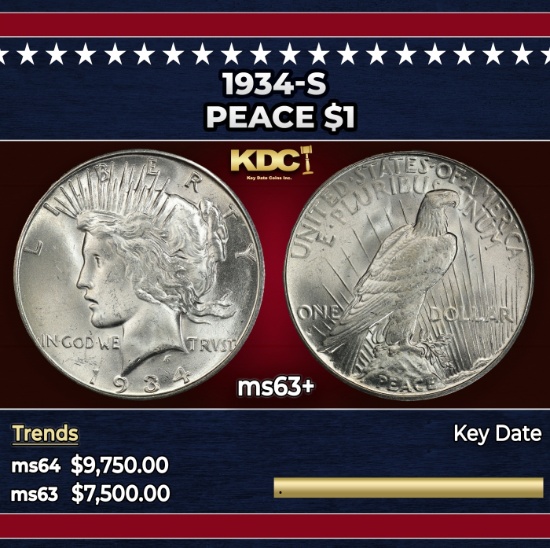 1934-s Peace Dollar $1 ms63+ USCG