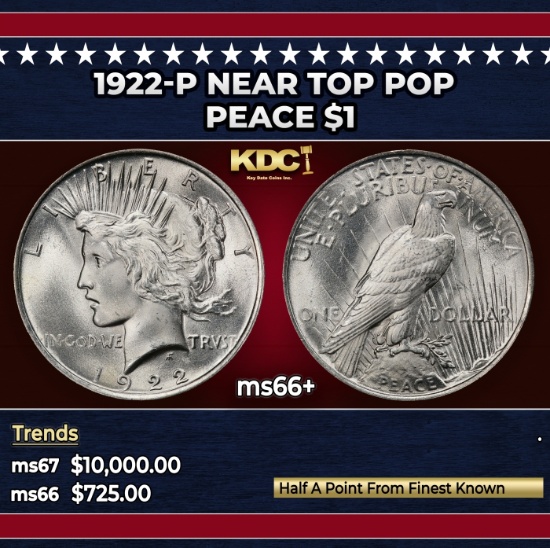 1922-p Peace Dollar Near Top Pop $1 ms66+ SEGS