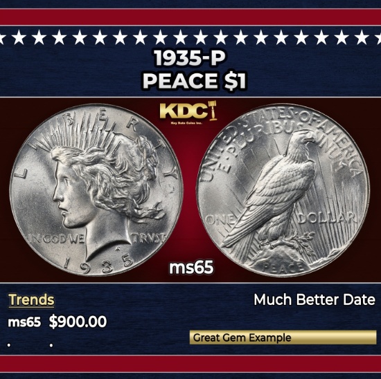 1935-p Peace Dollar $1 Grades ms65