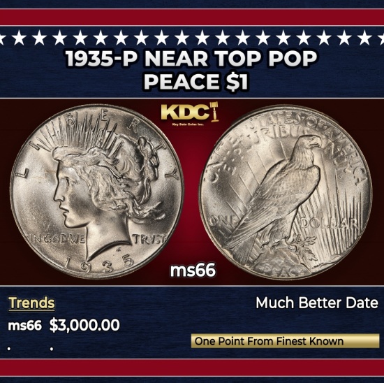 1935-p Peace Dollar Near Top Pop $1 ms66 SEGS