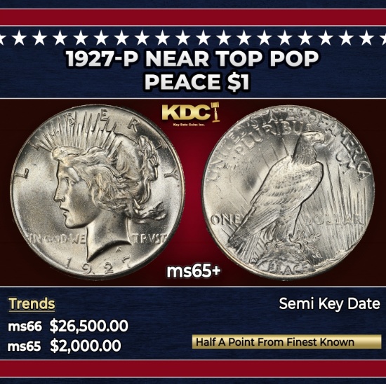 1927-p Peace Dollar Near Top Pop $1 ms65+ SEGS