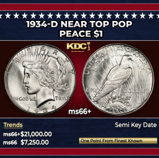 1934-d Peace Dollar Near Top Pop $1 ms66+ SEGS