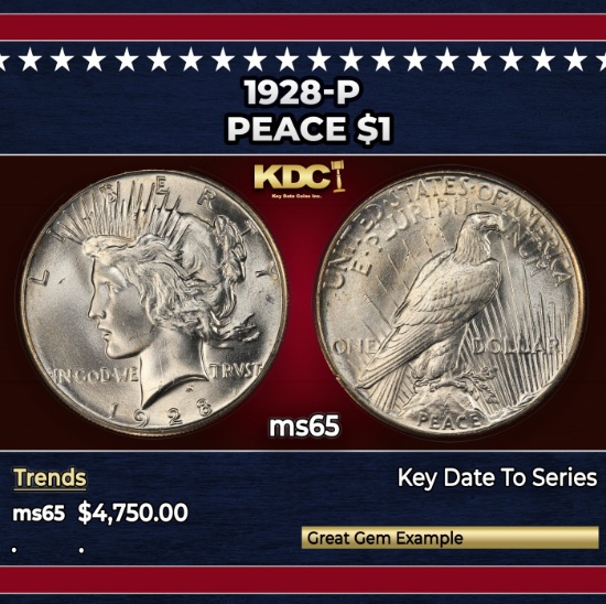 1928-p Peace Dollar $1 ms65 SEGS