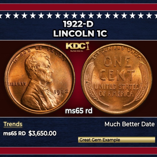 1922-d Lincoln Cent 1c ms65 rd SEGS