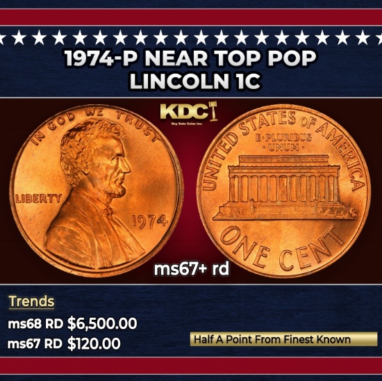 1974-p Lincoln Cent Near Top Pop 1c ms67+ rd SEGS
