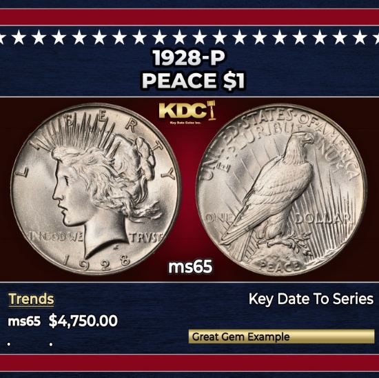 1928-p Peace Dollar $1 ms65 SEGS