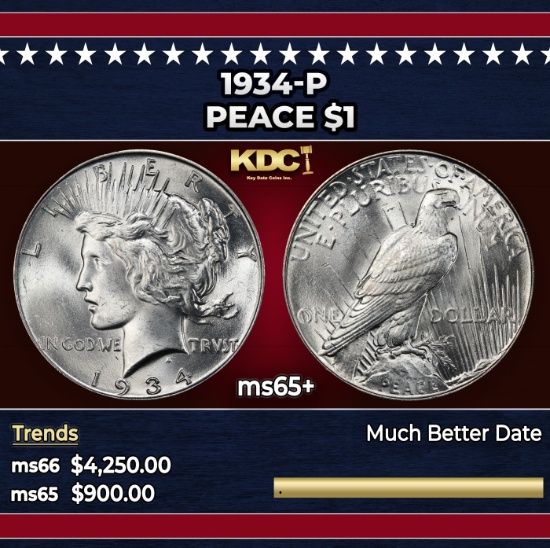 1934-p Peace Dollar $1 ms65+ SEGS