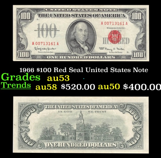 1966 $100 Red Seal United States Note Grades Select AU