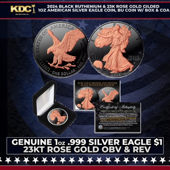 2024 Black Ruthenium & 23K Rose Gold Gilded 1oz American Silver Eagle Coin, BU Coin w/ Box & COA Oth