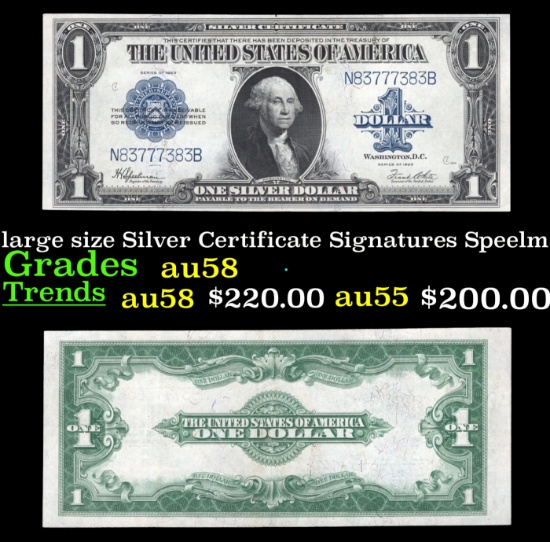 1923 $1 large size Silver Certificate Grades Choice AU/BU Slider Signatures Speelman/White