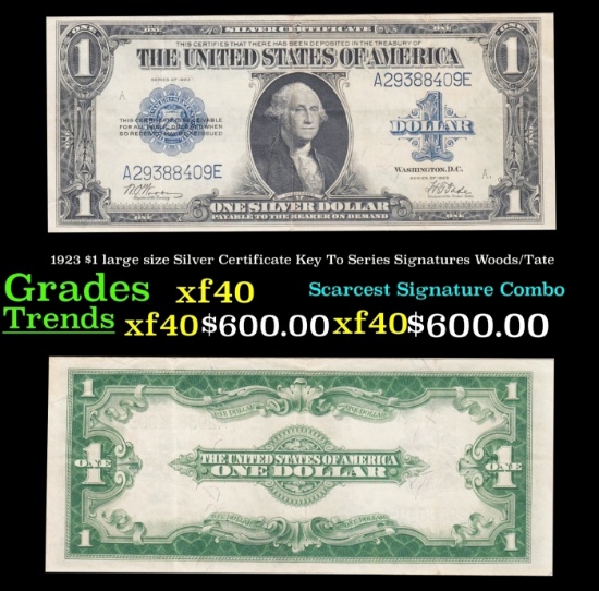 1923 $1 large size Silver Certificate Key To Series Grades xf Signatures Woods/Tate