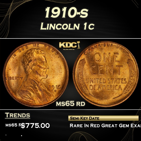 1910-s Lincoln Cent 1c Grades ms65 rd