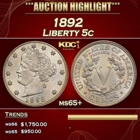 1892 Liberty Nickel 5c ms65+ SEGS