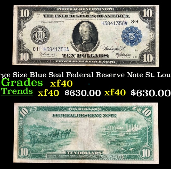 1914 $10 Large Size Blue Seal Federal Reserve Note St. Louis, MO Grades xf FR-932