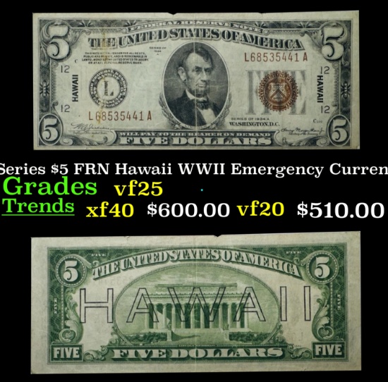 1934A $5 FRN Hawaii WWII Emergency Currency Key To Series Key To Series Grades vf+