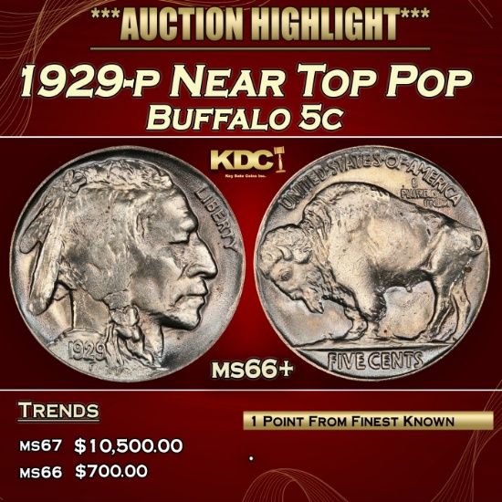 1929-p Buffalo Nickel Near Top Pop 5c ms66+ SEGS