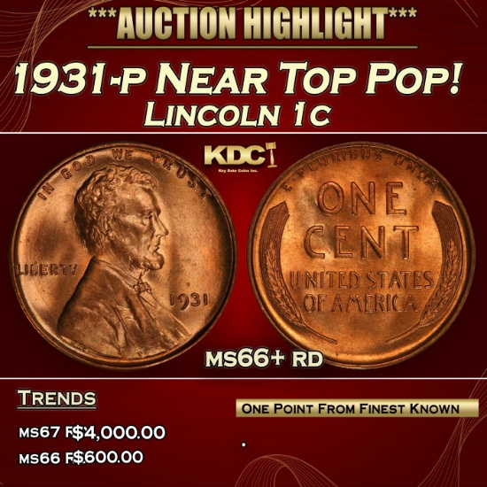 1931-p Lincoln Cent Near Top Pop! 1c ms66+ rd SEGS