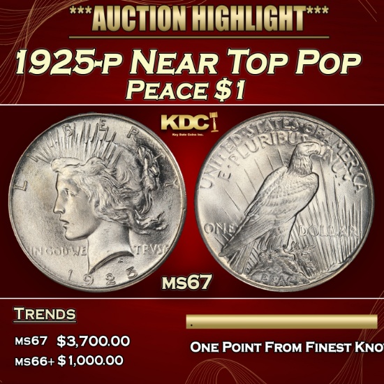 1925-p Peace Dollar Near Top Pop $1 ms67 SEGS